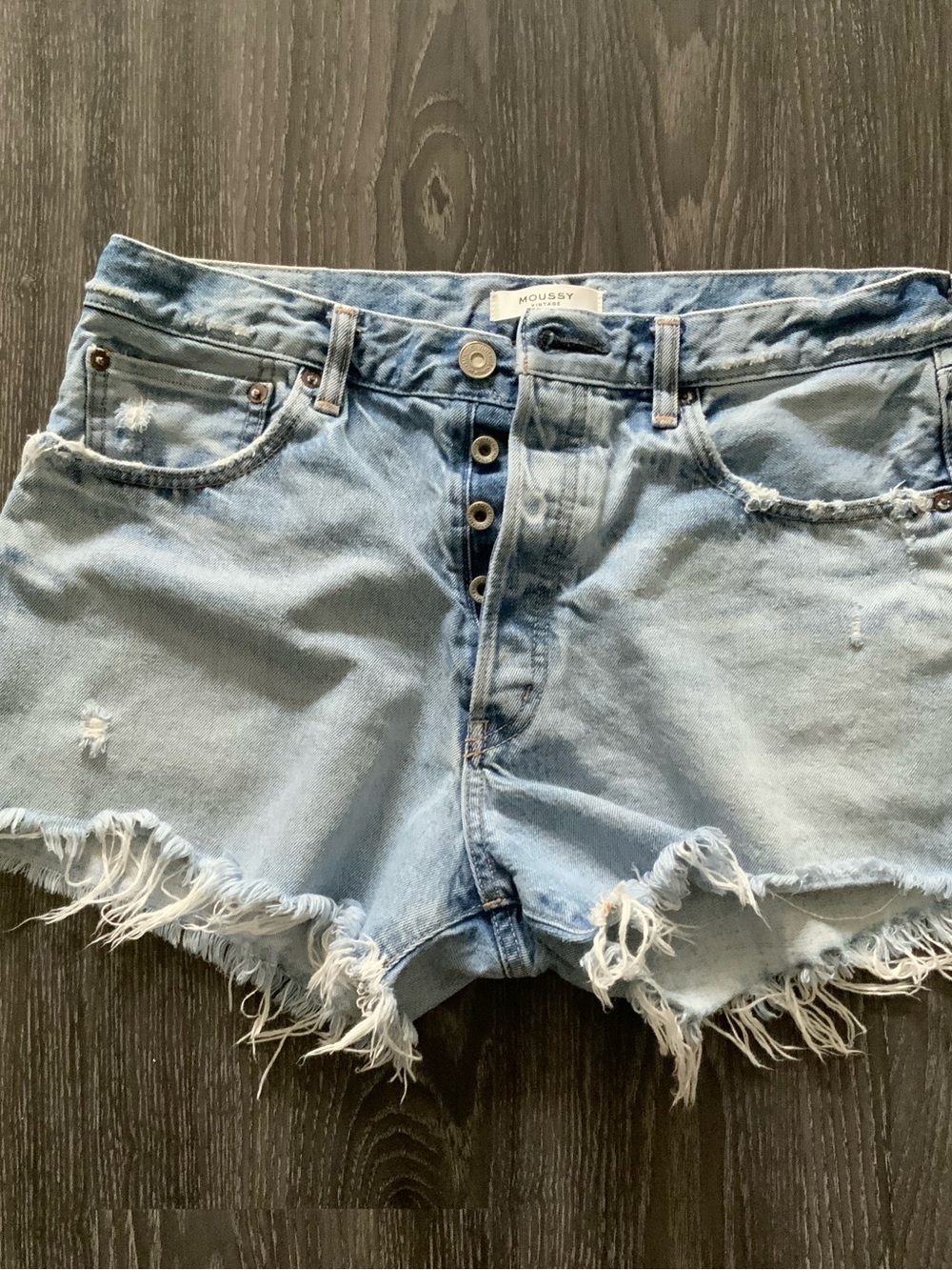 Moussy Light Wash Frayed Button-Fly Denim Shorts